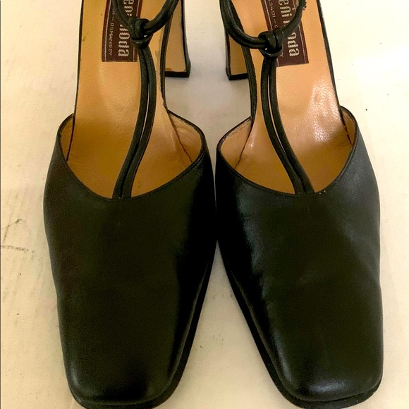 Black soft and shiny real leather T-Strap shoes block heels Eur 42 US 10 - 10.5 - Picture 5 of 8